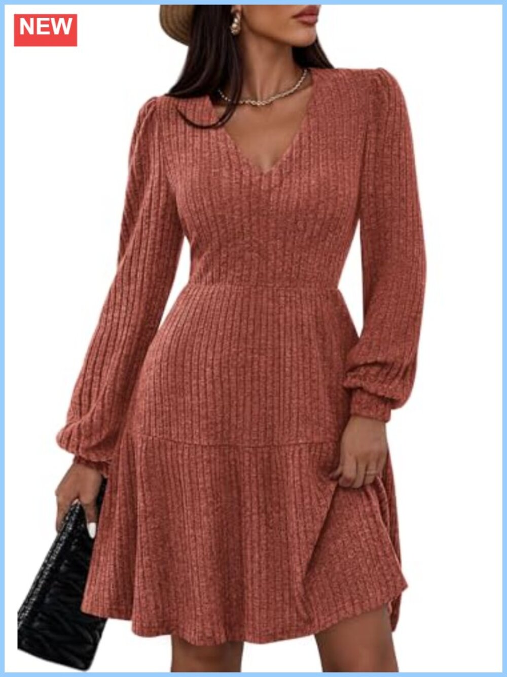Womens Sweater Dress Long Sleeve V Neck Fit and Flare Ribbed Mini Knit